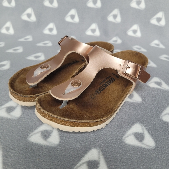 Birkenstock Gizeh Kids Sz 31 Birko Flor Silver Metallic Copper Sandals - Picture 4 of 11